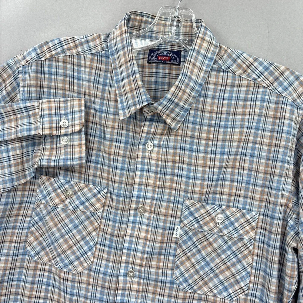 Vintage Levis Shirt Mens XL Blue Beige Plaid Workshirt Pockets Made USA‎ 70s